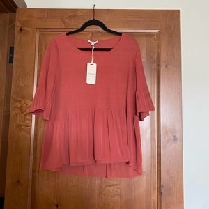NWT Pleione blouse top Small dusty rose smocked accordion crepe
